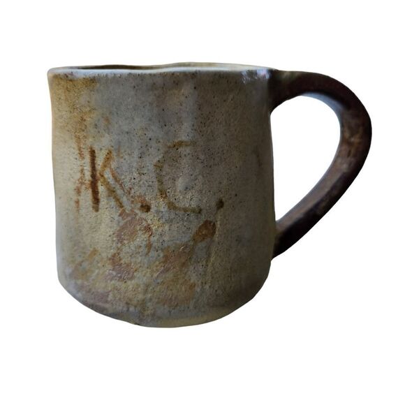 Ugly Face Pottery Mug Big Eyeballs Clay Coffee cup Brown Tan Beige Vintage Heavy - Picture 7 of 10
